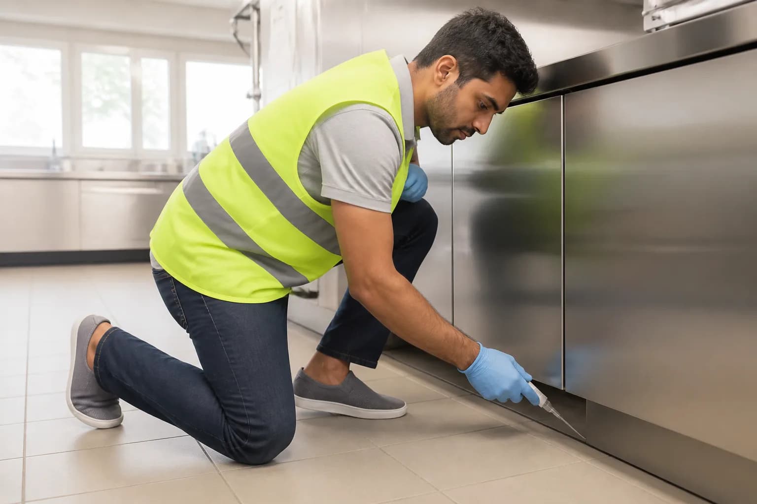Technicien ganté appliquant un gel insecticide au pied des meubles inox d’une cuisine professionnelle