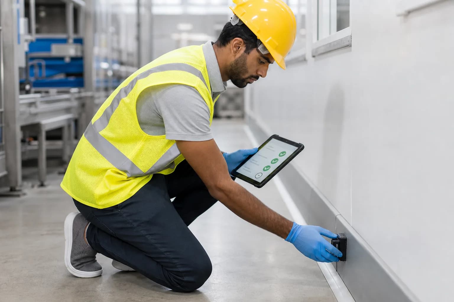 Technicien vérifiant une boîte d’appâtage fixée en plinthe, liste de contrôle validée sur tablette