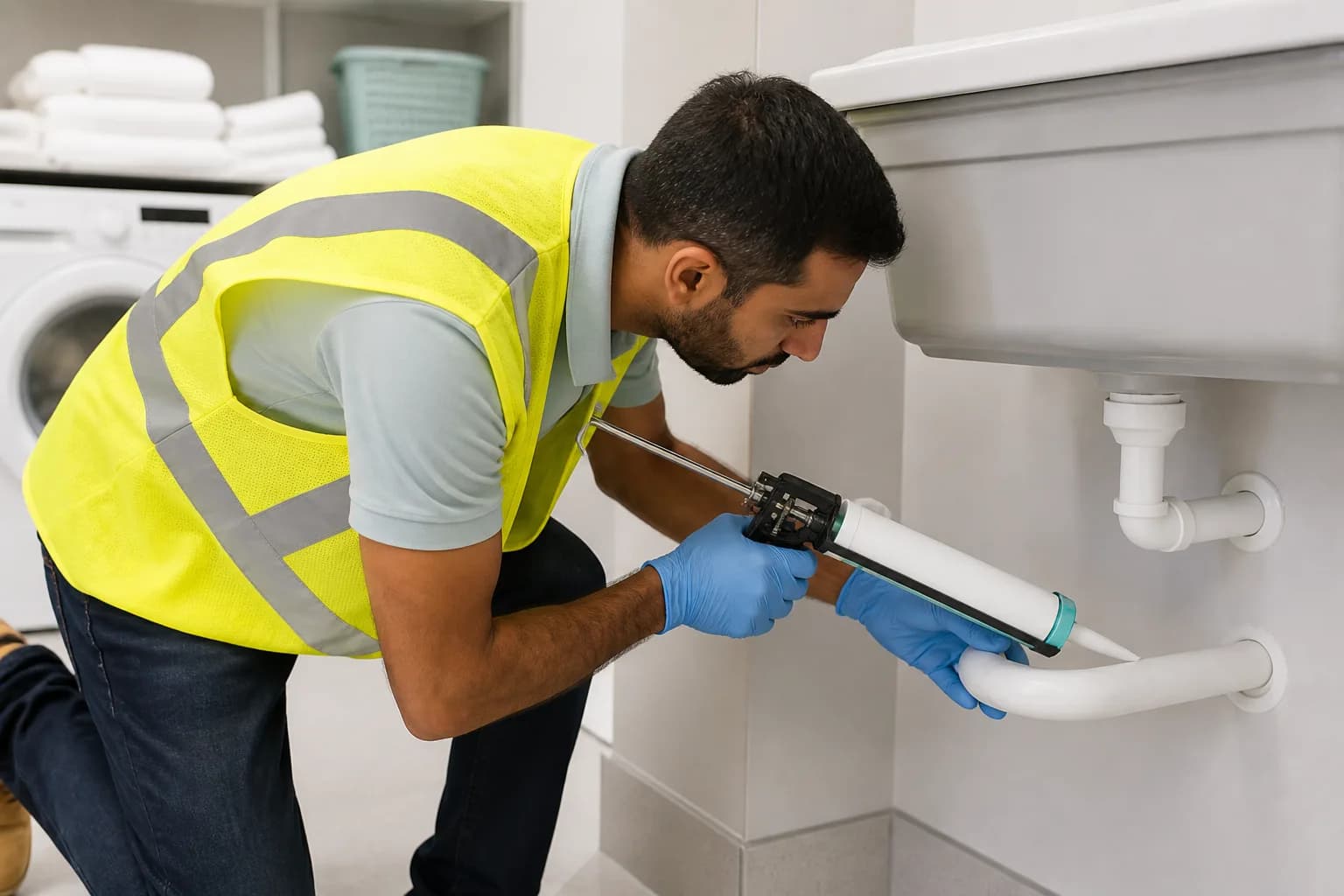 Technicien colmatant au pistolet à mastic le passage d’une canalisation sous un lavabo